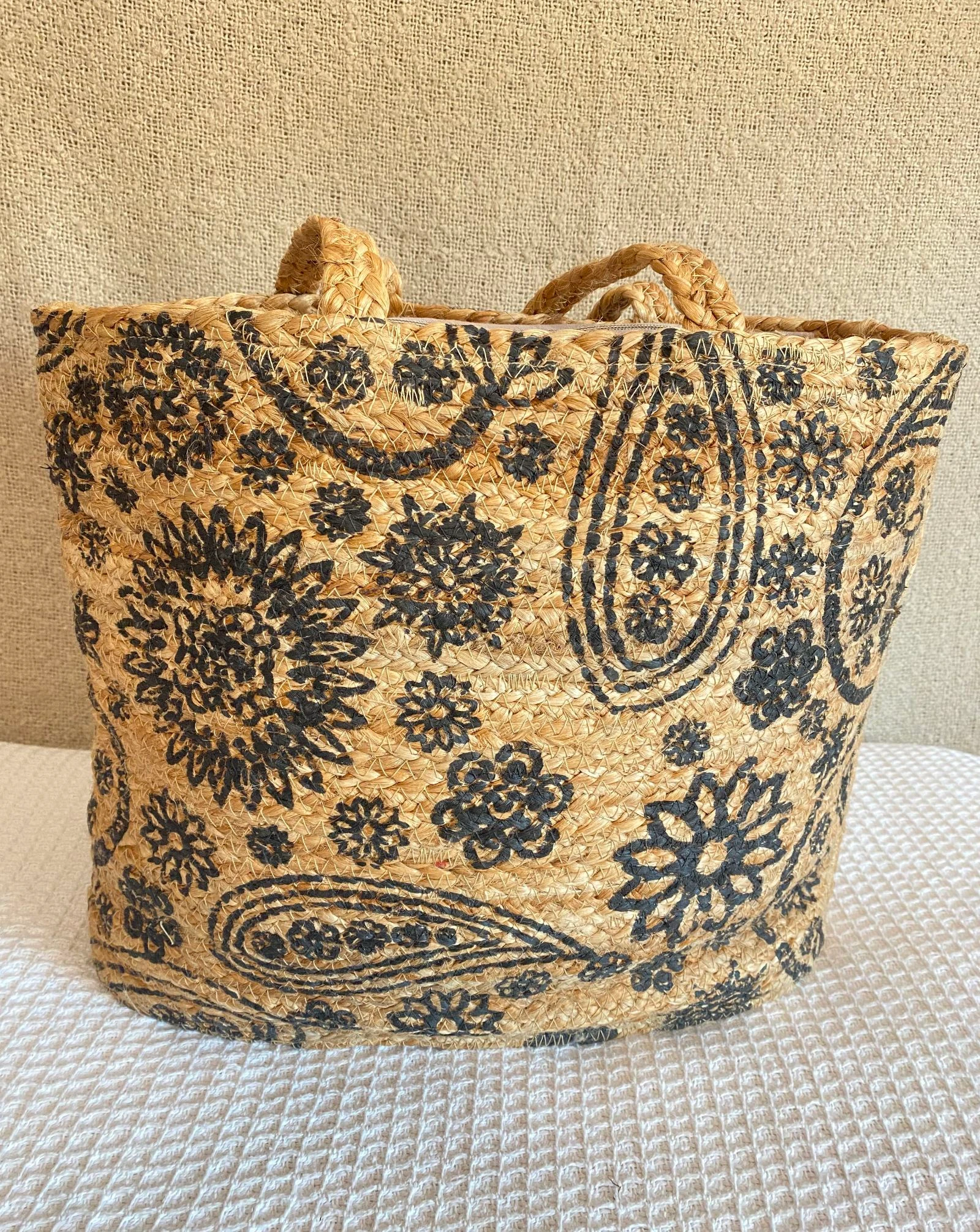 Grote jute tote tas met zwarte bloemen – photo 5
